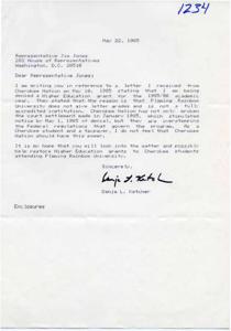 Correspondence from Dana L. Ketcher to Congressman James R. Jones regarding Flaming Rainbow University and the Cherokee Nation; Letter from Cherokee Nation; Appeal by Dow, Lohnes, and Albertson, 1985-05-01
